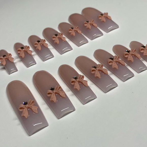 French Ombre Acrylic Nails with Nude Bows and Crystals - Picture 5 of 6